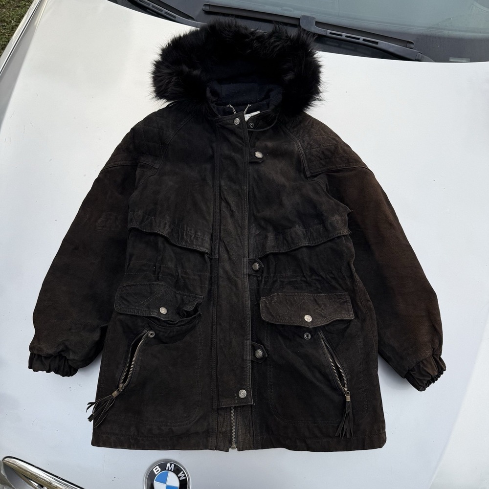 80s Maggie Lawrence Black Suede Fur Hooded Jacket Tassle Zip Women's m